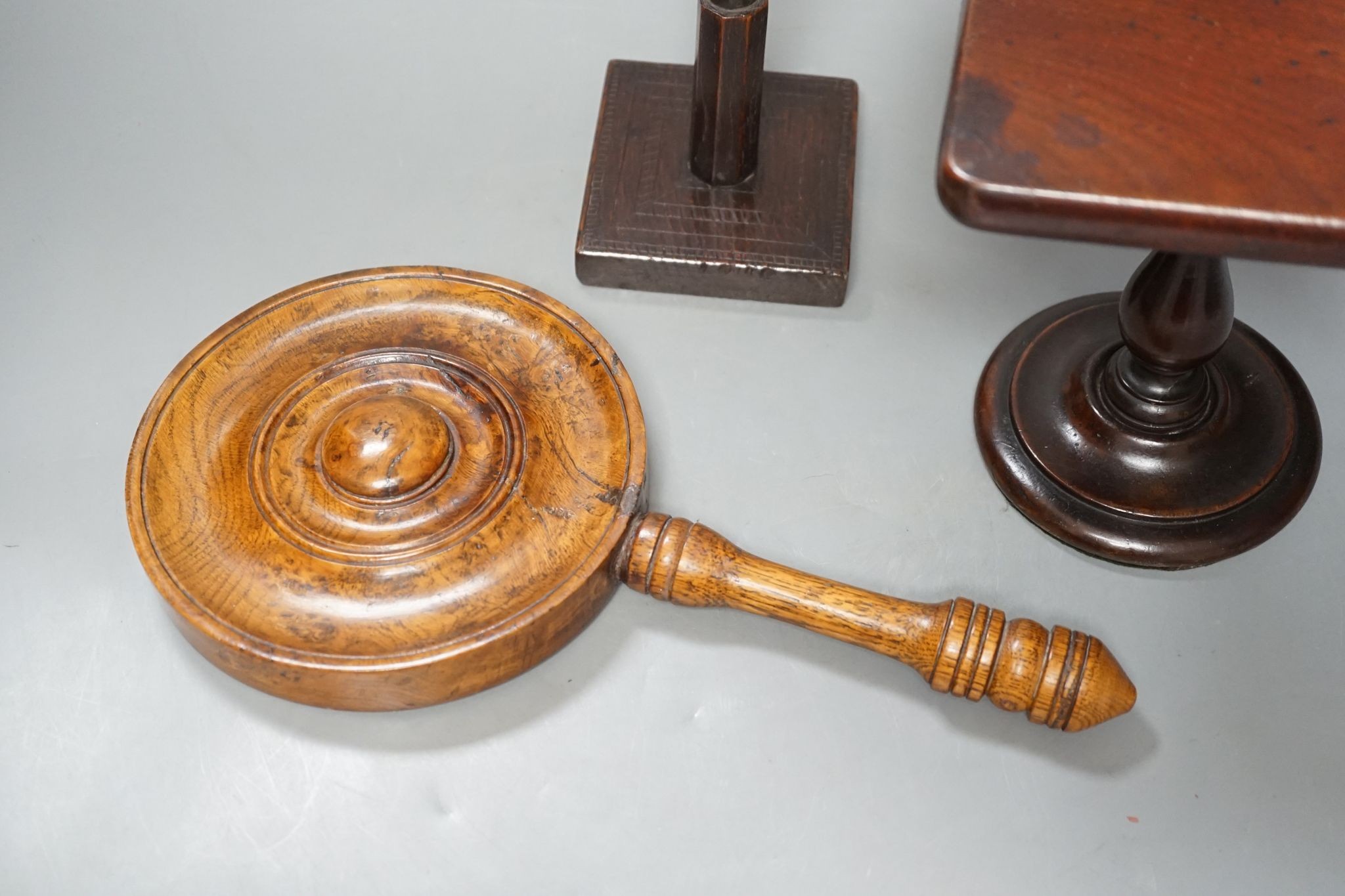 19th century Treen: mahogany candlestand, an oak hat or wig stand, 35.5cm and a burr oak hand mirror